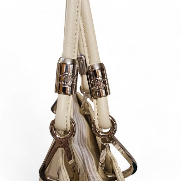 Cream Shoulder Carry-All Tote Bag with Contrast Black Accents, Silver Hardware - Picture 6 of 13